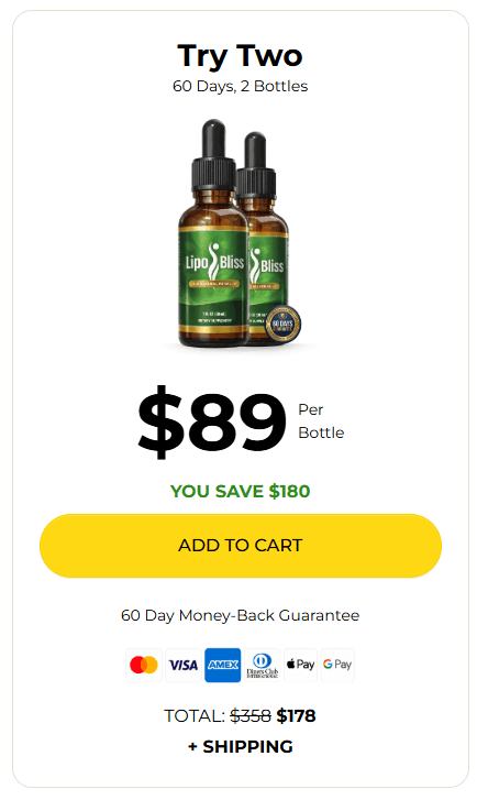 LipoBliss drops 60 day supply with 2 bottles for metabolism support and weight management
