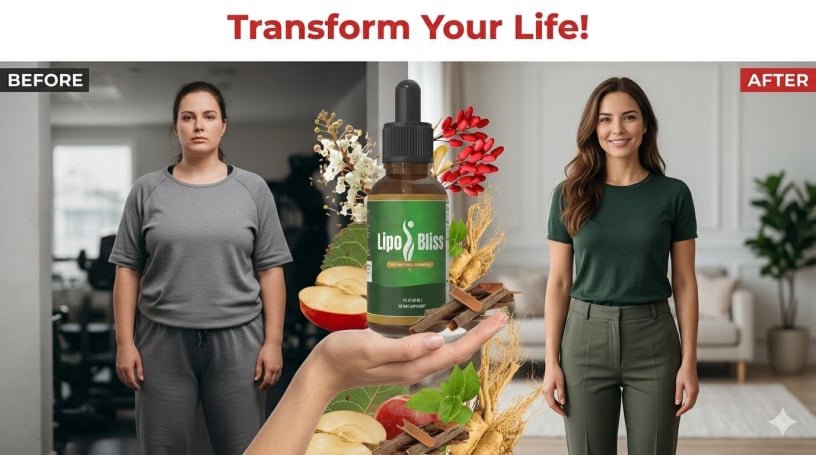LipoBliss GLP natural weight loss drops showing before and after body transformation with improved metabolism, reduced fat, and plant-based ingredients for appetite control and energy support