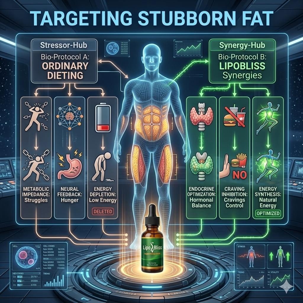 LipoBliss infographic showing metabolic support vs dieting with appetite control and energy balance USA GMP certified