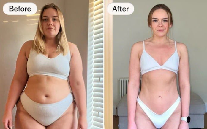 Female before-and-after weight loss showing reduced belly fat and improved body shape